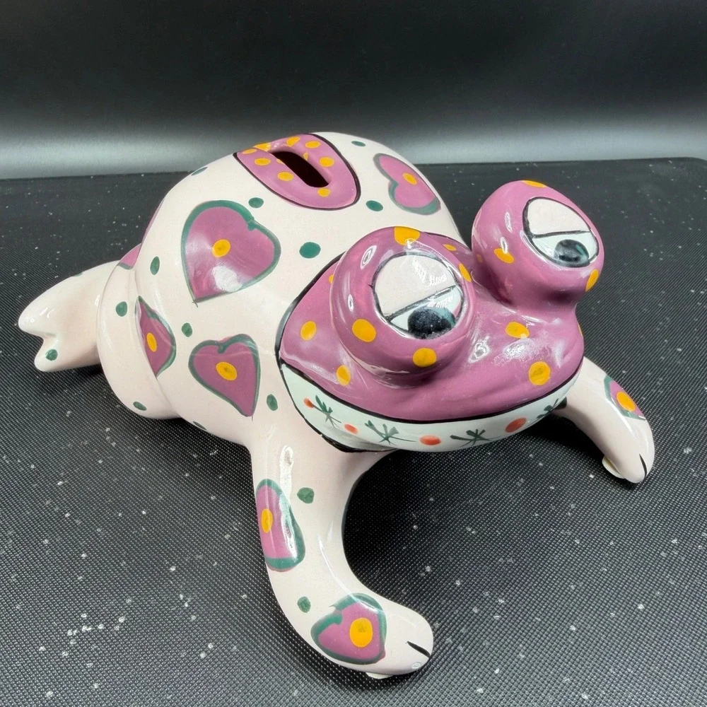Ganz Bella Casa Ceramic Frog Piggy Bank Hand Painted Hearts Polka‎ Dots Pink
